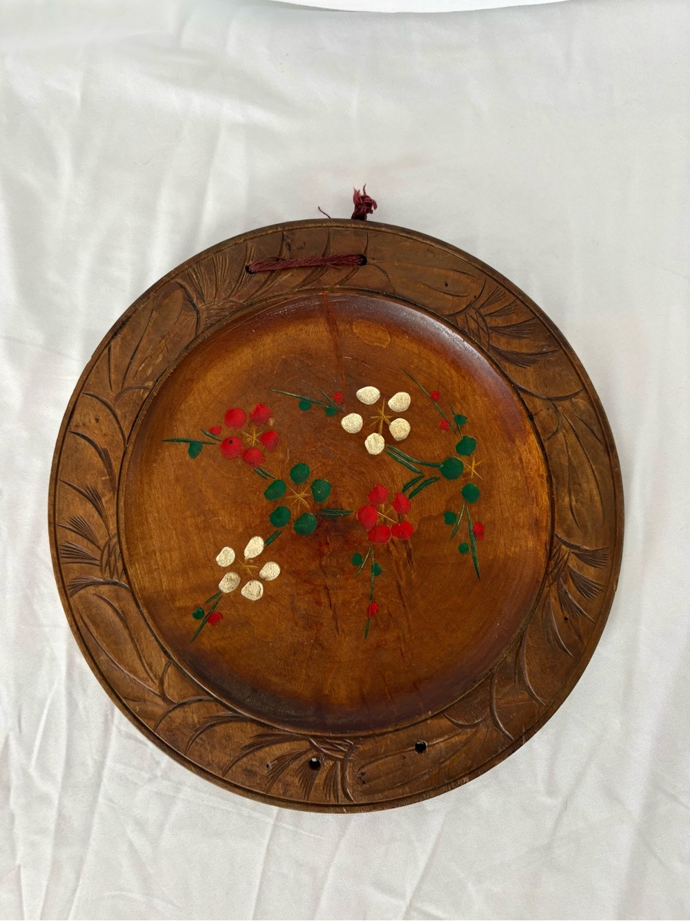 Vintage wood circle carved nanten wall hanging home decor flower painting